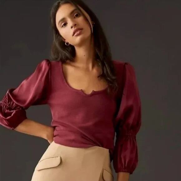 ANTHROPOLOGIE x MAEVE Satin Sleeve Blouse Raspberry Pink Purple Sz M {3G2} - Picture 1 of 8